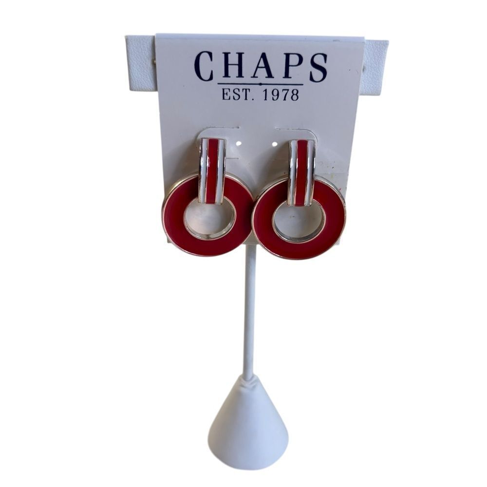 Chaps Red, White & Silver Toned Circle Earrings.